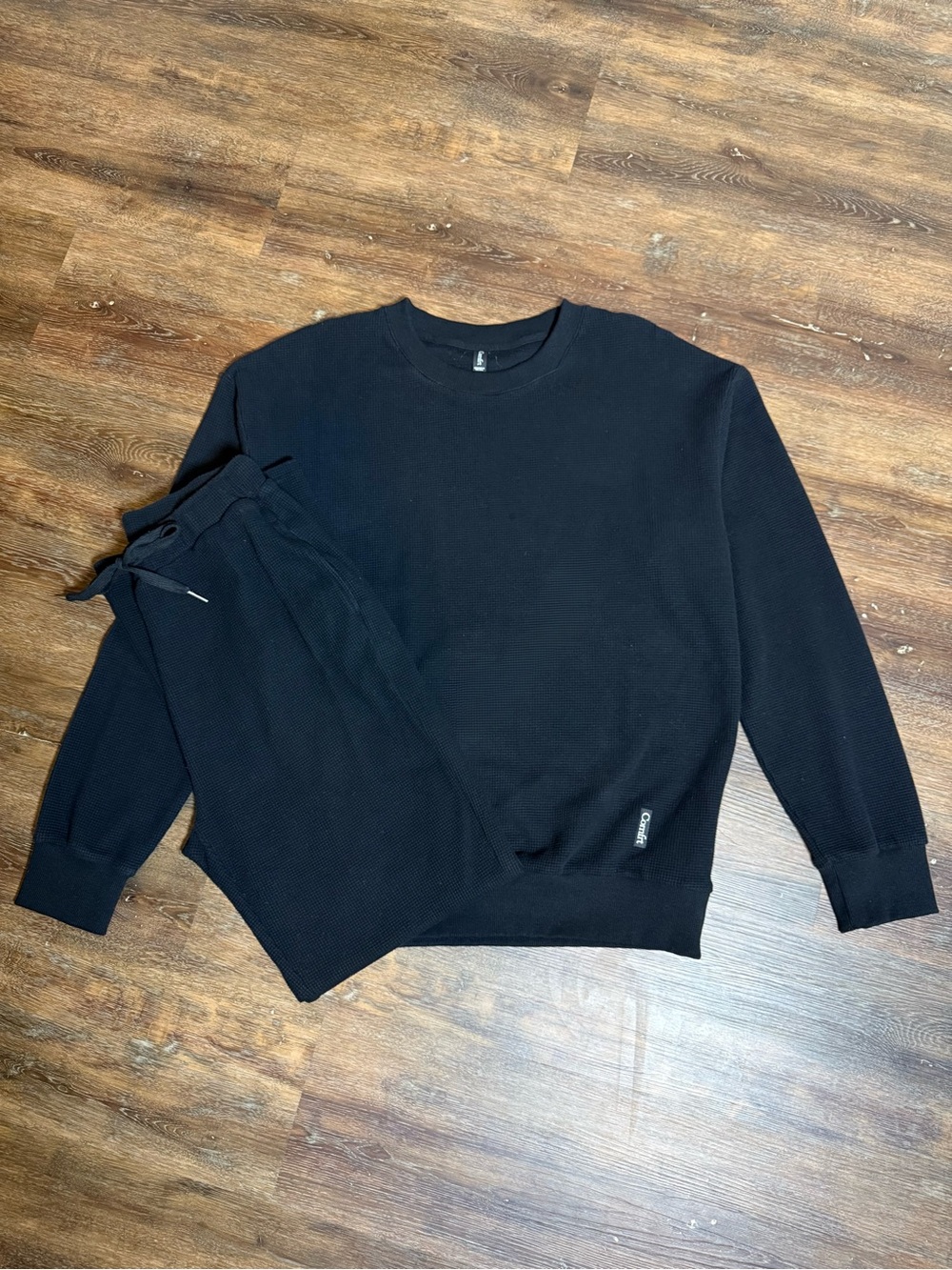 Comfrt Waffle Knit Lounge Set Crewneck Sweatshirt & Wide Leg Pants Black Size M - Picture 14 of 14